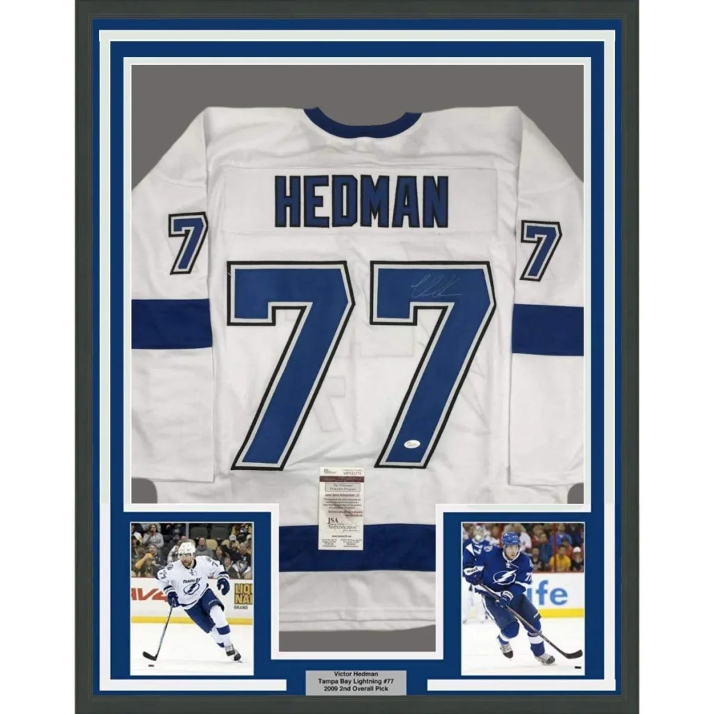Framed Autographed Victor Hedman 35x39 Tampa Bay White Hockey Jersey JSA COA | Hall of Fame Sports Memorabilia | vintageantiquesgifts.com