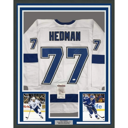 Framed Autographed Victor Hedman 35x39 Tampa Bay White Hockey Jersey JSA COA | Hall of Fame Sports Memorabilia | vintageantiquesgifts.com