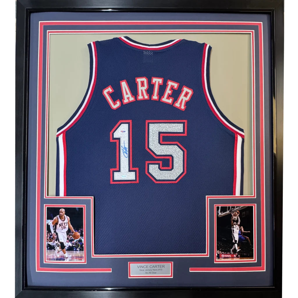 Framed autographed Vince Carter navy blue NJ basketball jersey with silver glitter Carter 15, PSA/DNA COA