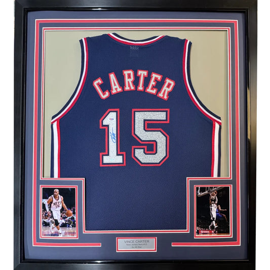 Framed autographed Vince Carter navy blue NJ basketball jersey with silver glitter Carter 15, PSA/DNA COA