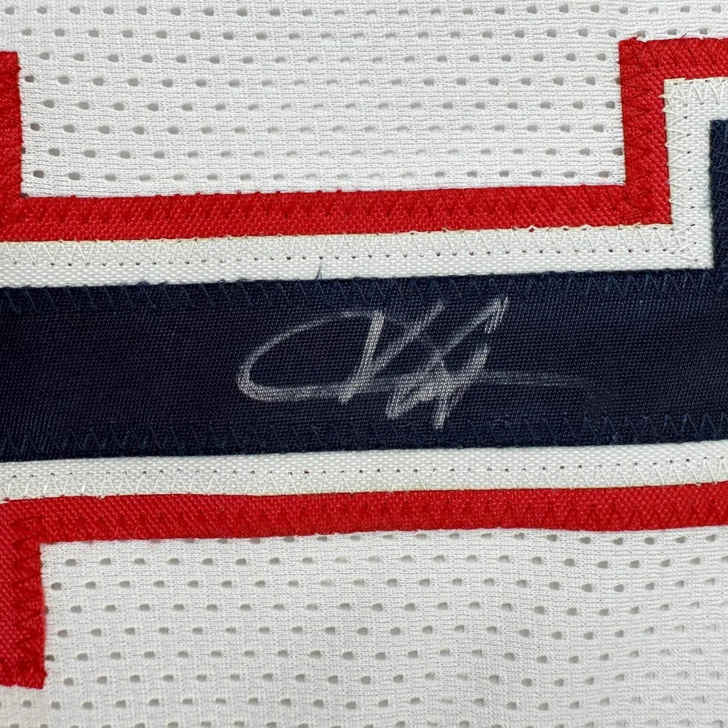 Framed Autographed Vince Carter 35x39 New Jersey NJ White Basketball Jersey PSA/DNA COA | Certified Authentic Signed Memorabilia | vintageantiquesgifts.com