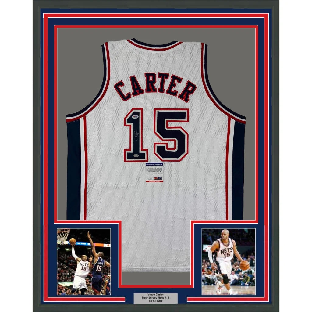 Framed Autographed Vince Carter 35x39 New Jersey NJ White Basketball Jersey PSA/DNA COA | Hall of Fame Sports Memorabilia | vintageantiquesgifts.com