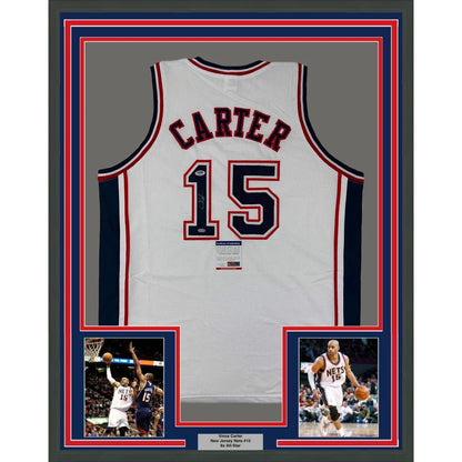 Framed Autographed Vince Carter 35x39 New Jersey NJ White Basketball Jersey PSA/DNA COA | Hall of Fame Sports Memorabilia | vintageantiquesgifts.com