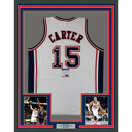 Framed Autographed Vince Carter 35x39 New Jersey NJ White Basketball Jersey PSA/DNA COA | Hall of Fame Sports Memorabilia | vintageantiquesgifts.com