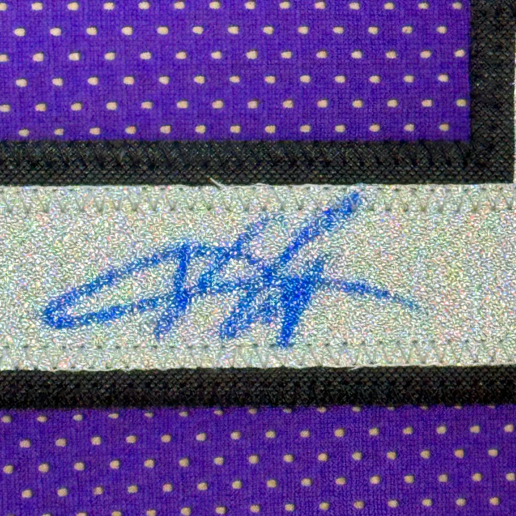 Blue signature on silver tag sewn onto purple fabric of professionally framed Vince Carter PSA DNA jersey