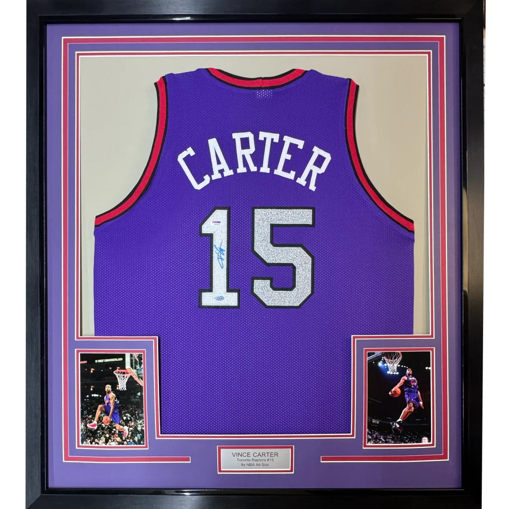 Professionally framed Vince Carter PSA DNA signed Raptors jersey with player photos