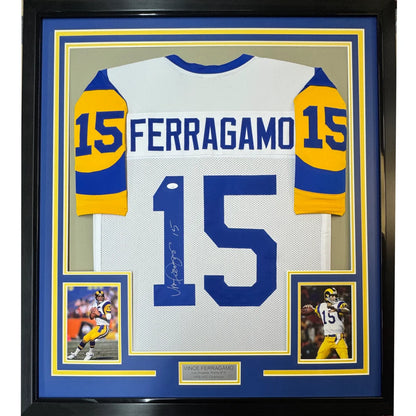 Framed autographed Vince Ferragamo LA Rams white jersey back, number 15