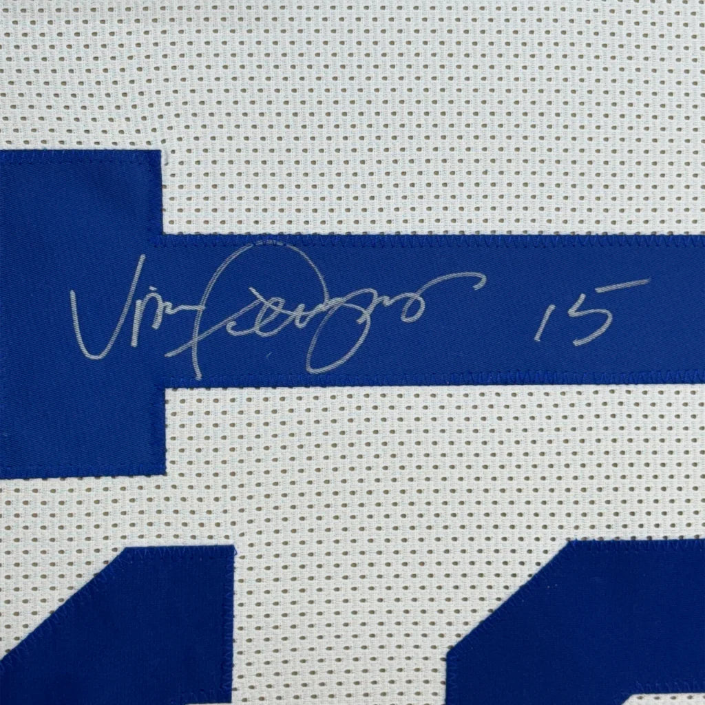 Framed autographed Vince Ferragamo LA Rams white jersey JSA COA