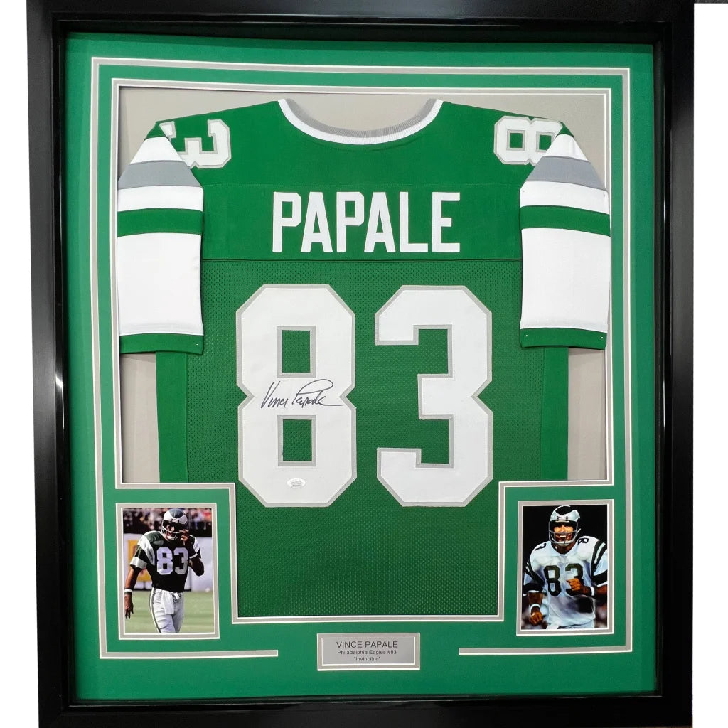 Framed autographed Vince Papale green Eagles jersey number 83 with photos