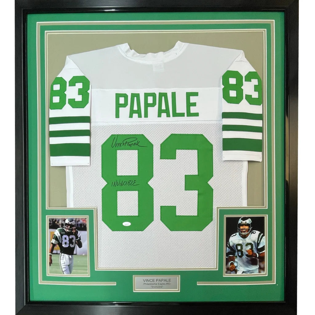 Framed autographed Vince Papale Eagles white jersey back, #83 Papale, JSA COA