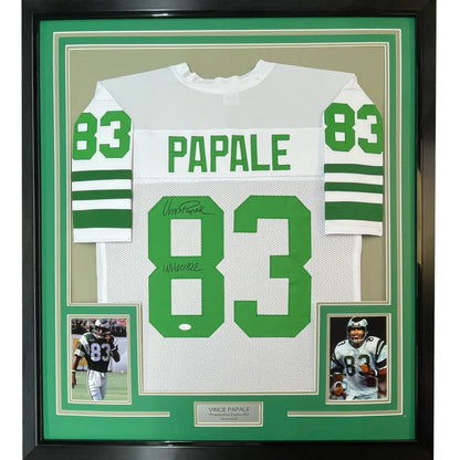 Framed autographed Vince Papale Eagles white jersey back, #83 Papale, JSA COA