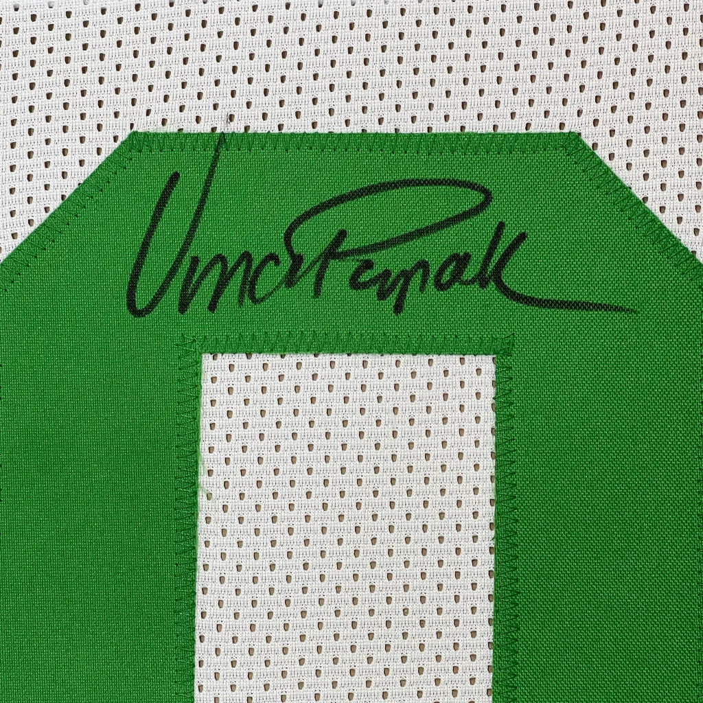 Framed autographed Vince Papale green Philadelphia Eagles jersey with white mesh and black signature