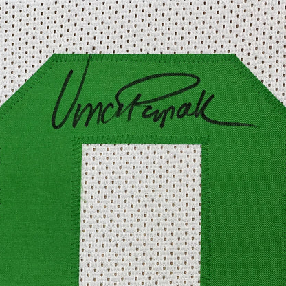 Framed autographed Vince Papale green Philadelphia Eagles jersey with white mesh and black signature