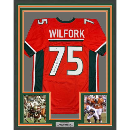 Back of framed autographed Vince Wilfork Miami Hurricanes orange jersey with Wilfork 75