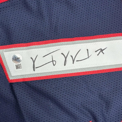 Framed Autographed/Signed Vince Wilfork 35x39 New England Blue Football Jersey Beckett BAS COA