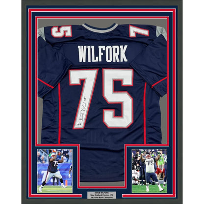 Framed Autographed/Signed Vince Wilfork 35x39 New England Blue Football Jersey Beckett BAS COA