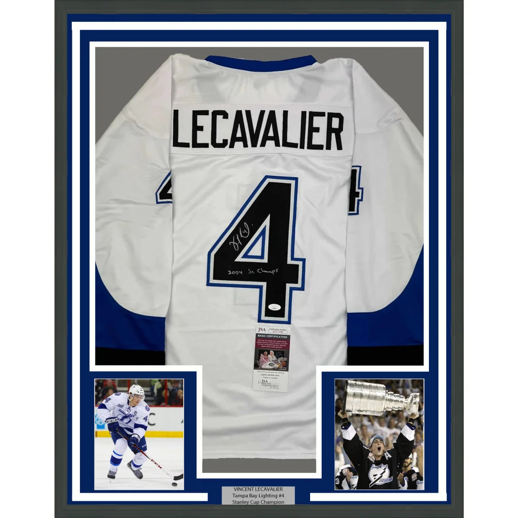 Framed signed Vincent Lecavalier Tampa Bay Lightning white jersey with number 4
