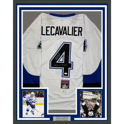 Framed signed Vincent Lecavalier Tampa Bay Lightning white jersey with number 4