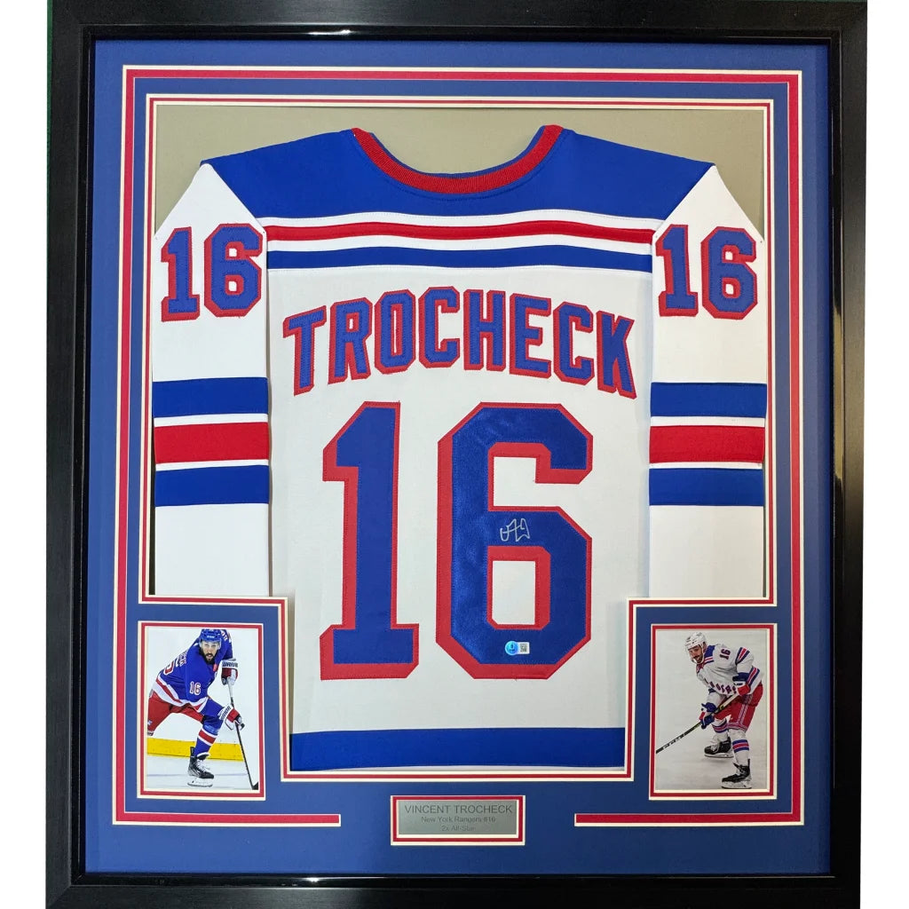 Framed autographed Vincent Trocheck New York Rangers jersey with number 16