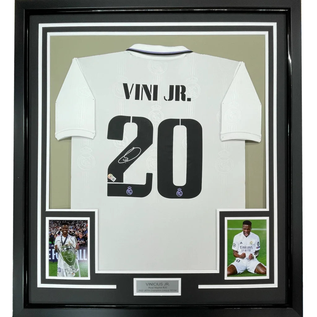 Framed Autographed Vini Vinicius Jr. 35x39 Real Madrid 2022-23 White Soccer Jersey Beckett BAS COA | Hall of Fame Sports Memorabilia | vintageantiquesgifts.com