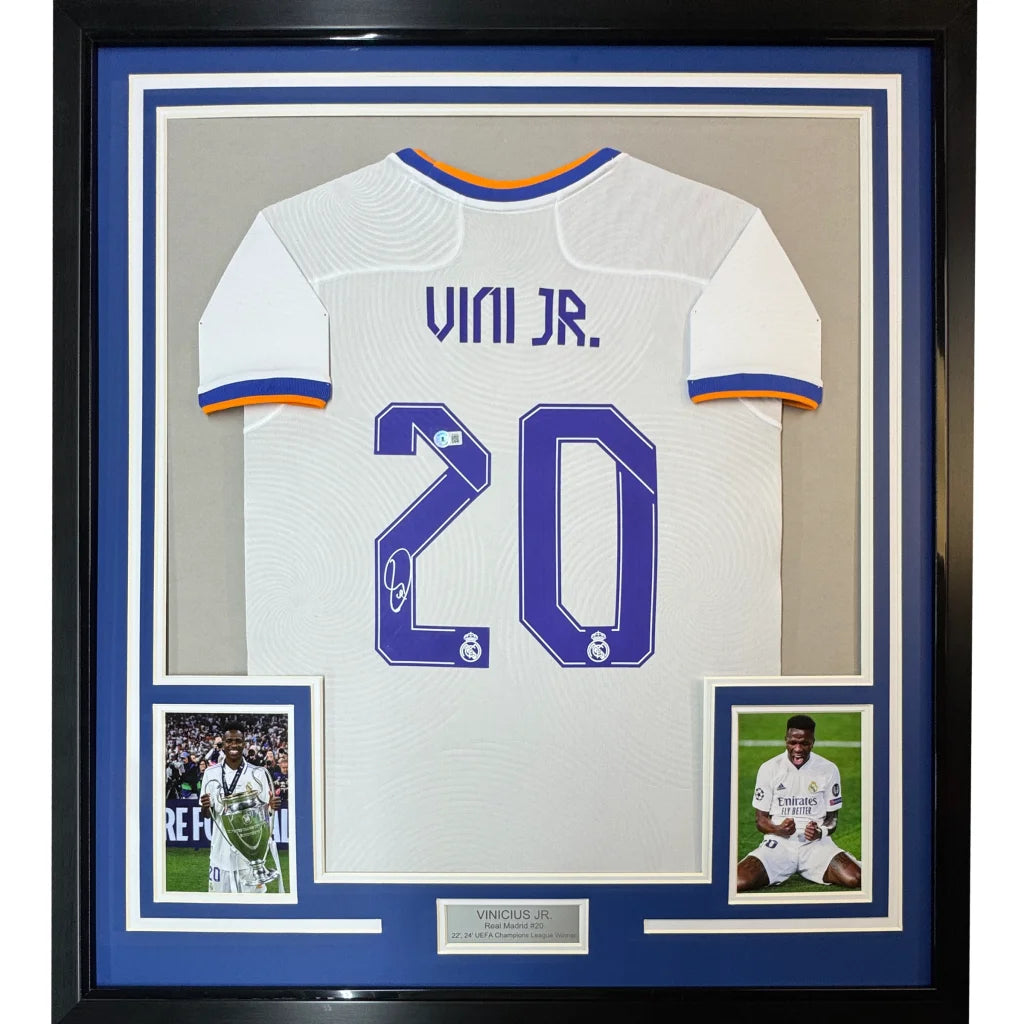 Framed autographed Vini Vinicius Jr. Real Madrid white jersey back, #20 purple, Beckett COA