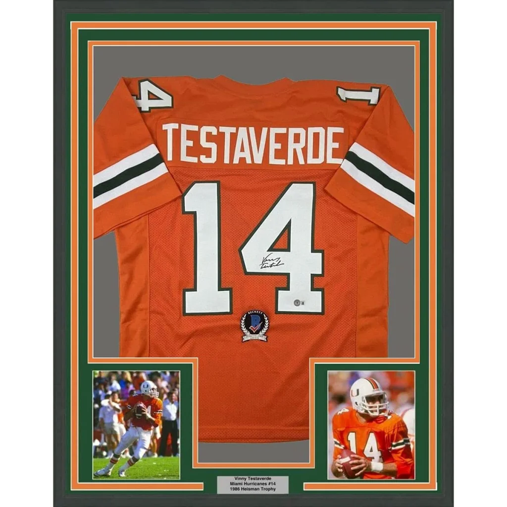 Framed Vinny Testaverde autographed Miami jersey with photos for display