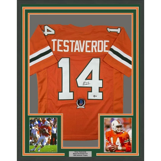 Framed Vinny Testaverde autographed Miami jersey with photos for display