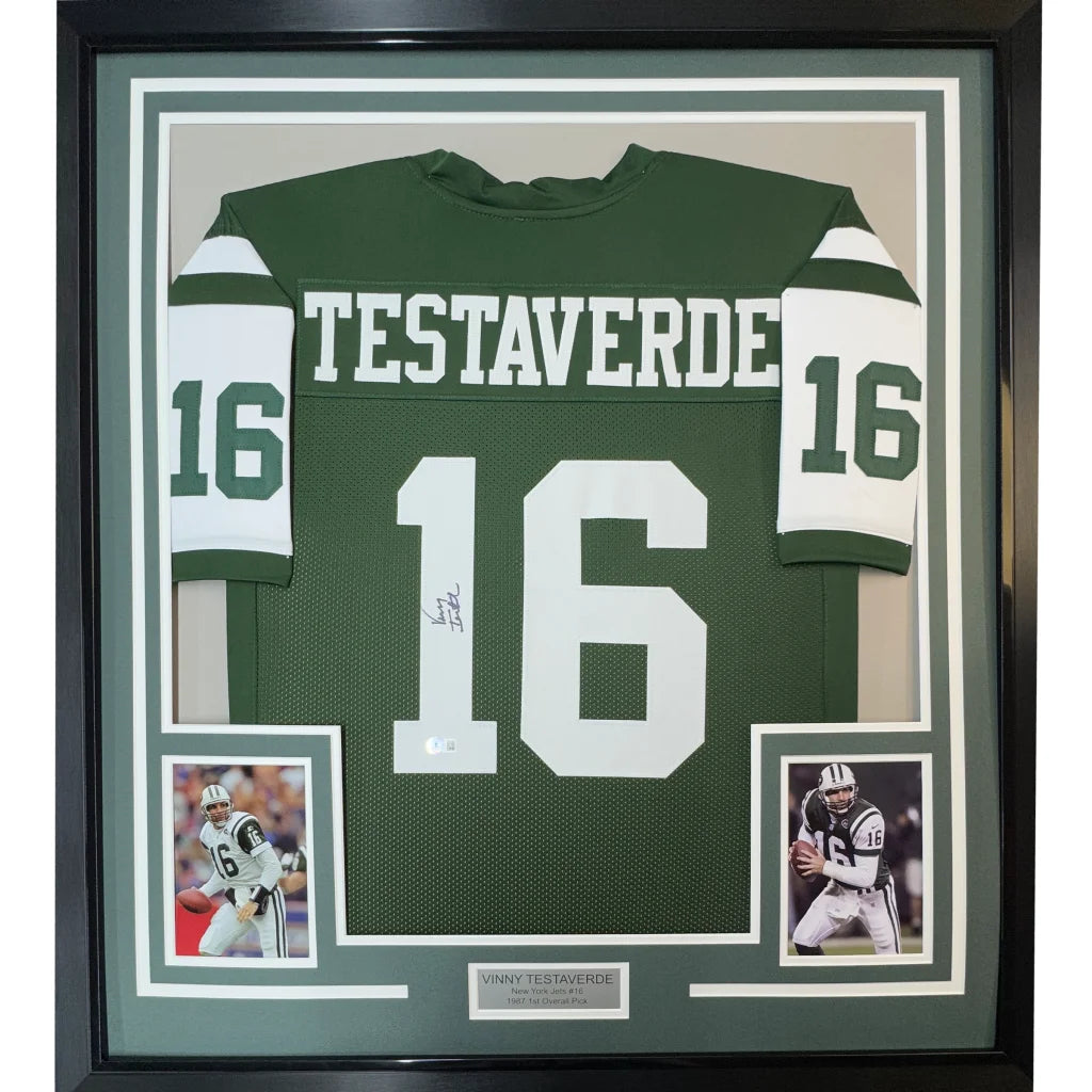 Framed Autographed Vinny Testaverde 35x39 New York Green Football Jersey JSA COA | Hall of Fame Sports Memorabilia | vintageantiquesgifts.com