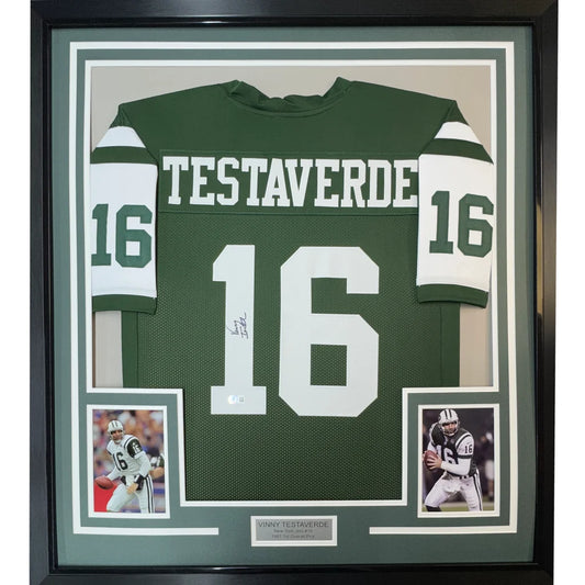 Framed Autographed Vinny Testaverde 35x39 New York Green Football Jersey JSA COA | Hall of Fame Sports Memorabilia | vintageantiquesgifts.com