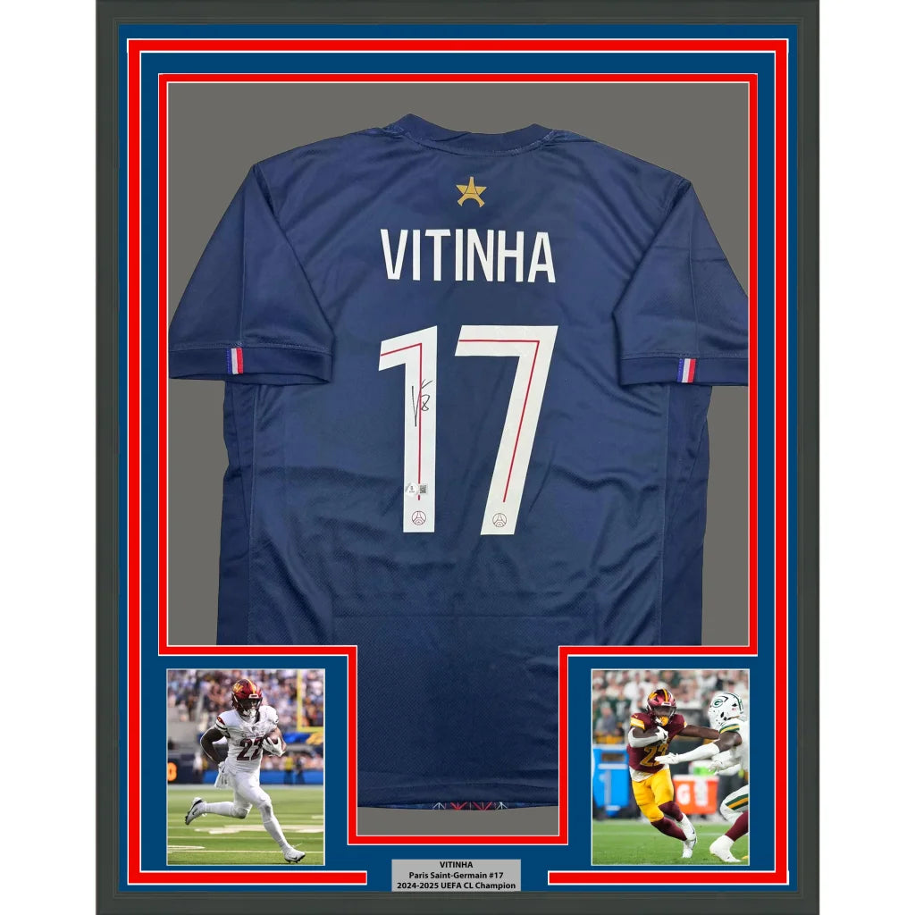 Framed autographed Vitinha 17 PSG blue jersey back with gold star, French flags, Beckett COA