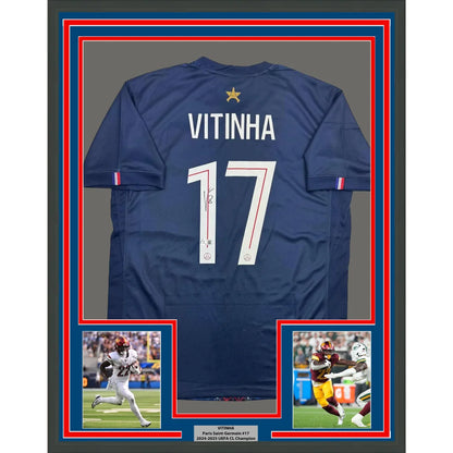 Framed autographed Vitinha 17 PSG blue jersey back with gold star, French flags, Beckett COA