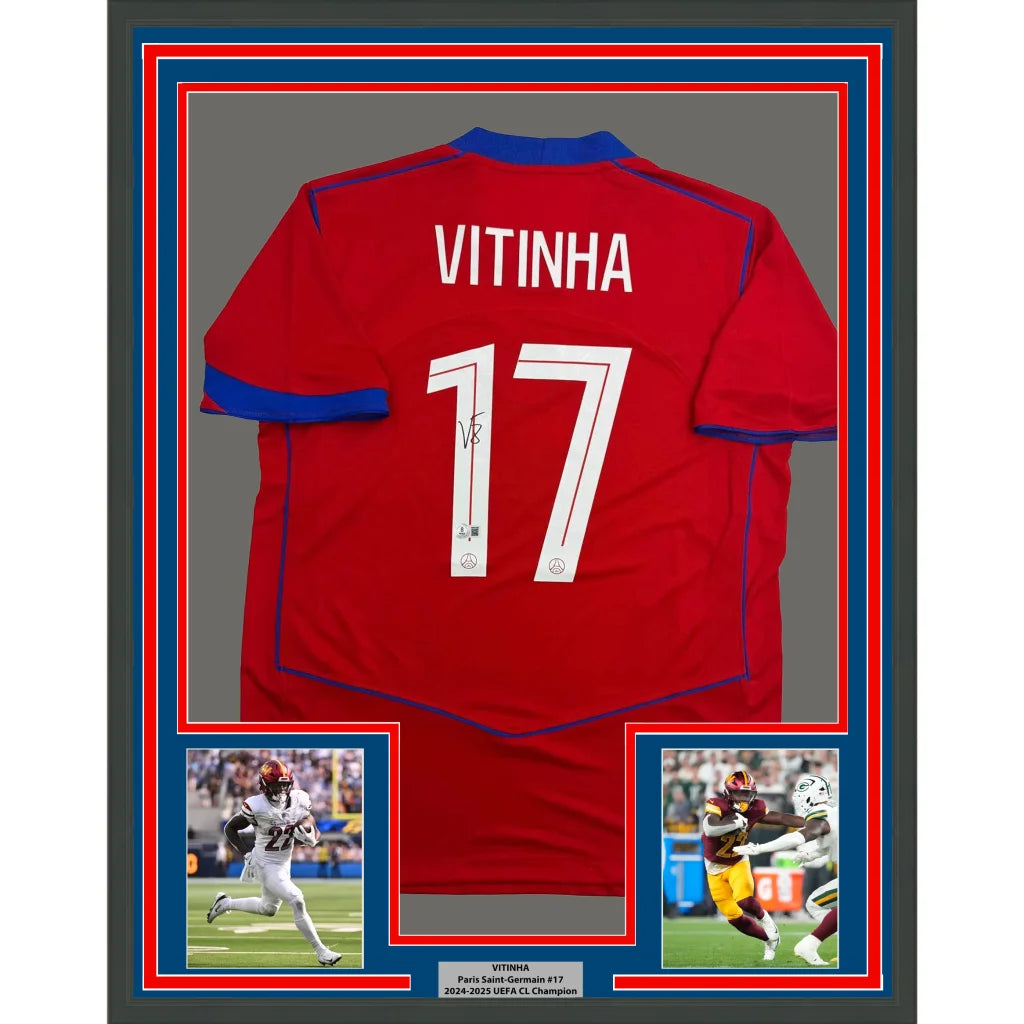 Framed Autographed Vitinha 35x39 PSG Paris Saint Germain Red Soccer Futbol Jersey Beckett BAS COA | Hall of Fame Sports Memorabilia | vintageantiquesgifts.com