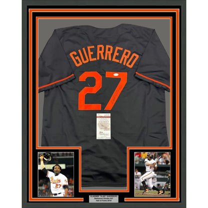 Framed Vladimir Guerrero Orioles jersey with autographs, display photos, and premium matting