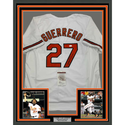 Framed Autographed Vladimir Guerrero 35x39 Baltimore White Baseball Jersey JSA COA | Hall of Fame Sports Memorabilia | vintageantiquesgifts.com