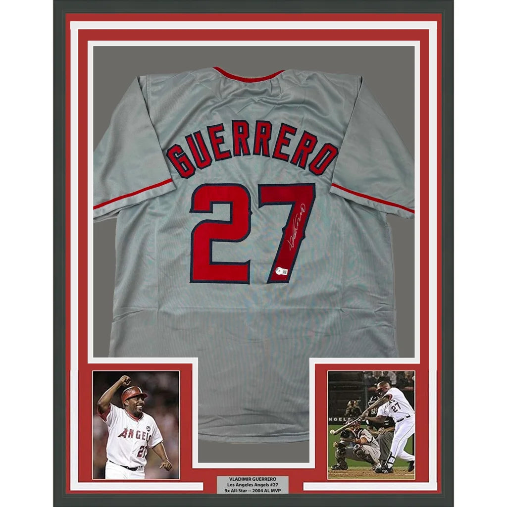 Framed Autographed Vladimir Vlad 35x39 Guerrero Los Angeles LA Anaheim Grey Baseball Jersey Beckett BAS COA | Hall of Fame Sports Memorabilia | vintageantiquesgifts.com
