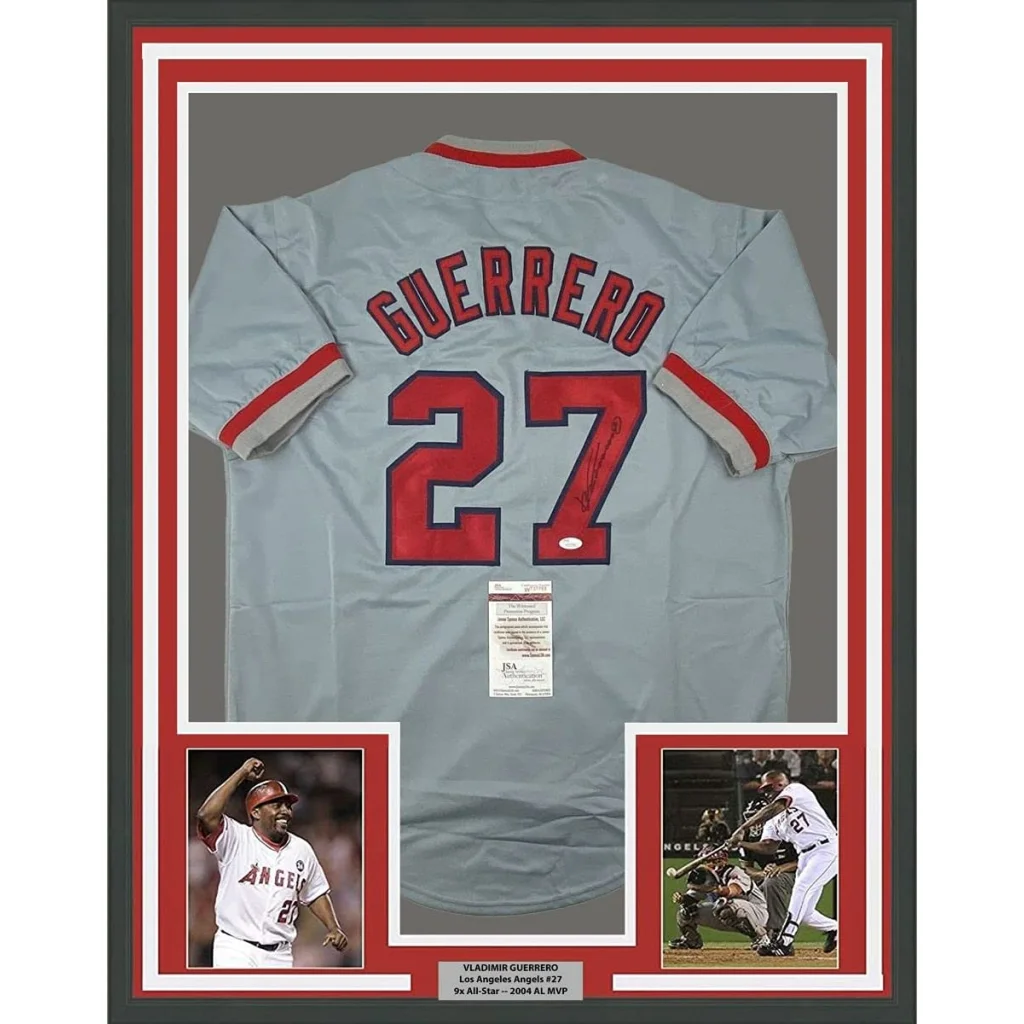 Professionally framed Vladimir Guerrero Angels jersey with photos, plaque, and JSA coa for your man cave