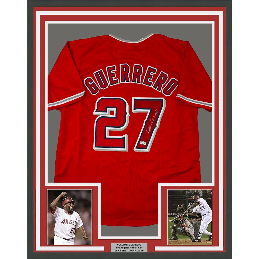 Framed red baseball jersey with signature and two player photos display
