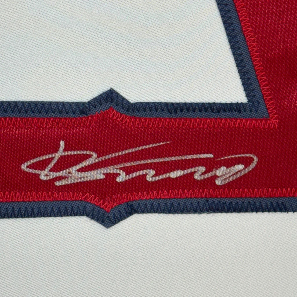 Framed autographed Vladimir Guerrero LA Angels jersey patch with red, navy blue embroidery and silver details