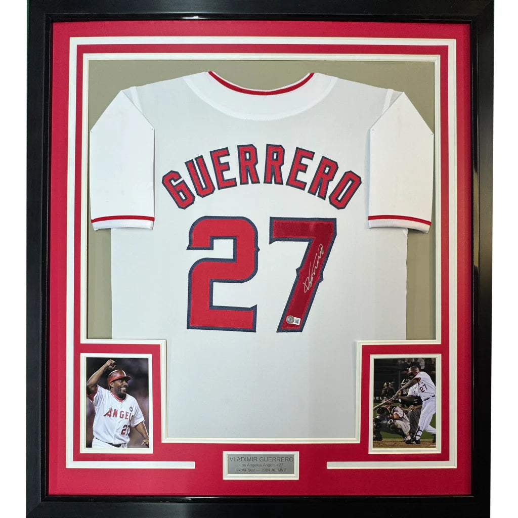 Framed autographed white Vladimir Guerrero baseball jersey number 27