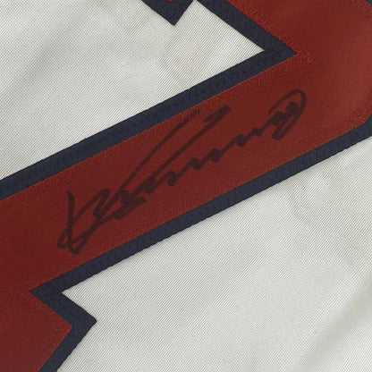 Framed autographed Vladimir Guerrero white LA Angels jersey with red and navy stripes