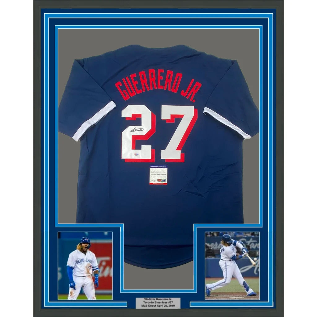 Framed Vladimir Guerrero Jr Game Blue Jersey with PSA DNA COA and player photos for man cave decor