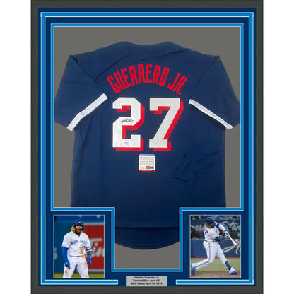 Framed Vladimir Guerrero Jr Game Blue Jersey with PSA DNA COA and player photos for man cave decor