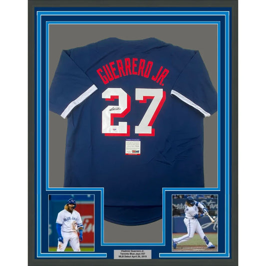 Framed autographed Toronto Blue Jays Guerrero Jr. 27 jersey