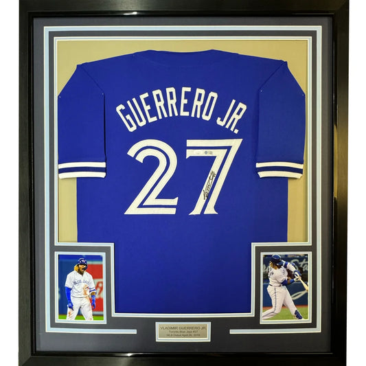 Framed Toronto Blue Jays man cave jersey with signature and PSA DNA player cards