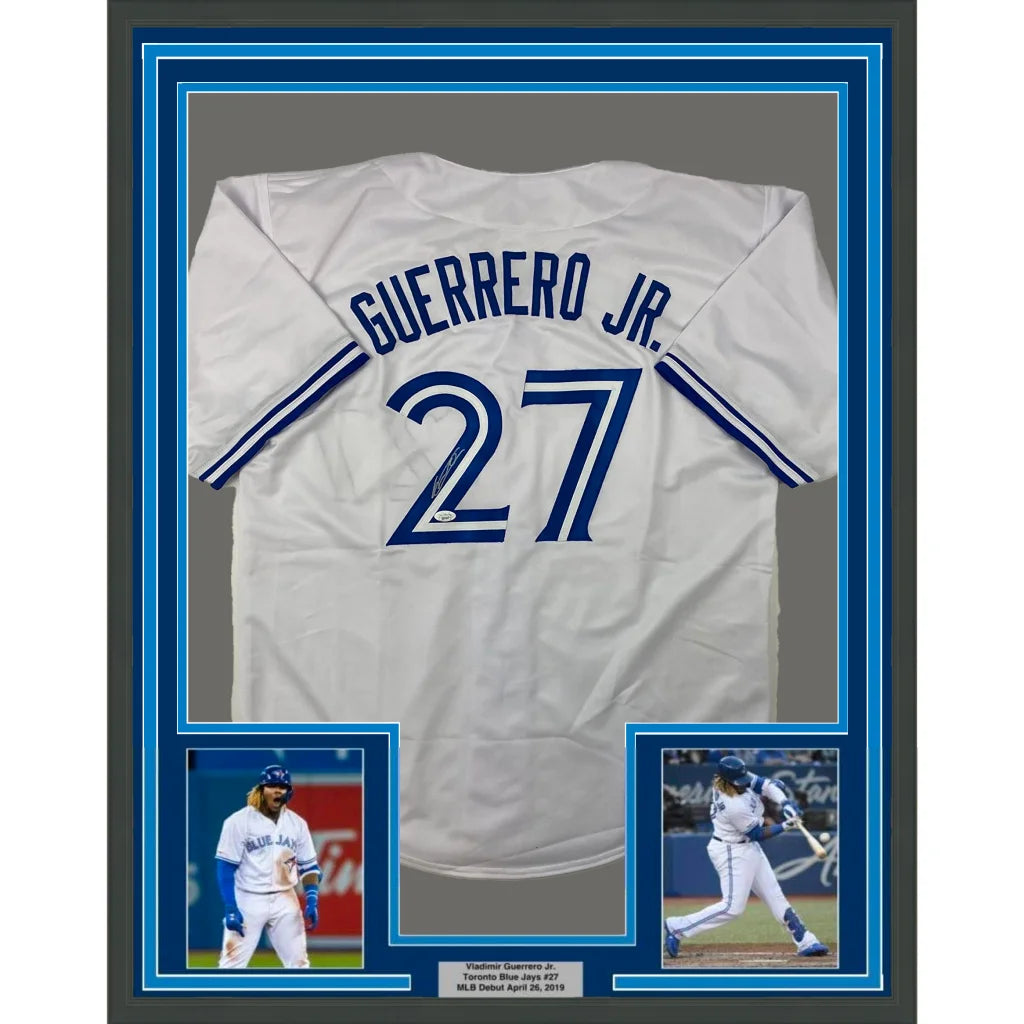 Framed Autographed Vladimir Vlad Guerrero Jr. 35x39 Toronto White Baseball Jersey JSA COA | Hall of Fame Sports Memorabilia | vintageantiquesgifts.com