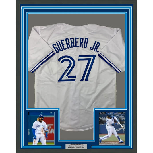 Framed Autographed Vladimir Vlad Guerrero Jr. 35x39 Toronto White Baseball Jersey JSA COA | Hall of Fame Sports Memorabilia | vintageantiquesgifts.com