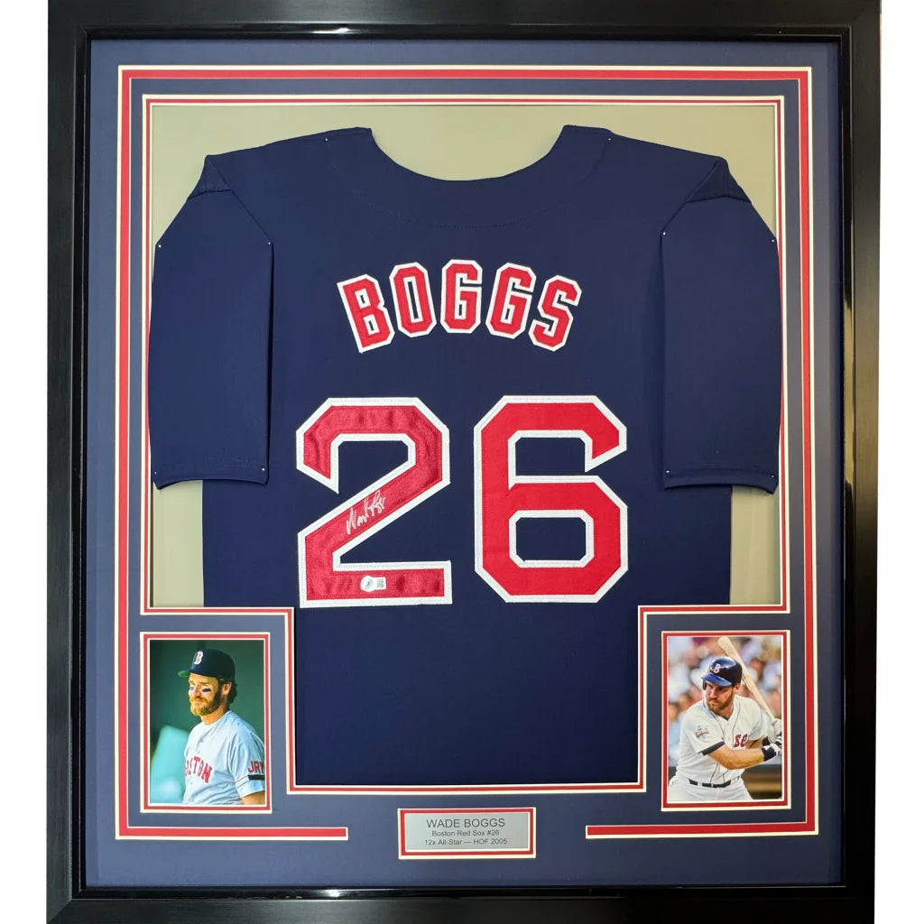 Framed Wade Boggs signed baseball jersey with photos and plaque for your man cave