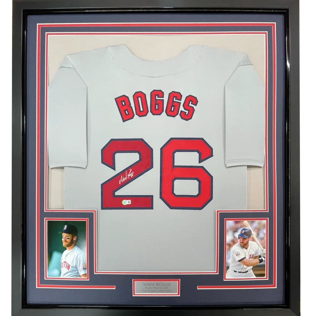 Framed Autographed Wade Boggs 35x39 Boston Grey Baseball Jersey JSA COA | Hall of Fame Sports Memorabilia | vintageantiquesgifts.com