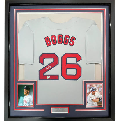 Framed Autographed Wade Boggs 35x39 Boston Grey Baseball Jersey JSA COA | Hall of Fame Sports Memorabilia | vintageantiquesgifts.com