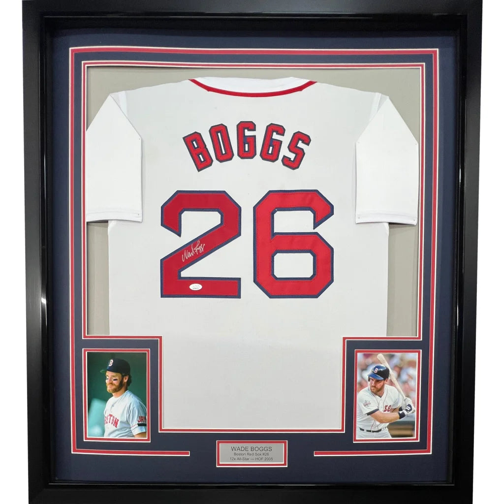 Wade Boggs framed autographed Boston Red Sox white baseball jersey with signature number 26 and JSA authentication